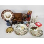 Lot to include ceramics, Oriental items, carved wooden box, costume jewellery and similar.