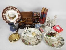 Lot to include ceramics, Oriental items, carved wooden box, costume jewellery and similar.
