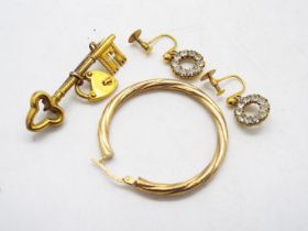 A 9ct gold brooch in the form of a padlock and key, a pair of yellow metal,
