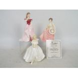 Three lady figures comprising Royal Doulton Heather # HN2956, Coalport Ladies Of Fashion,