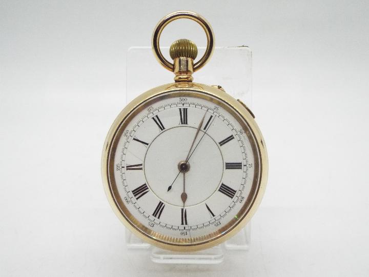 A gold plated, open faced pocket watch with Roman numerals and centre seconds, 5.5 cm case diameter.