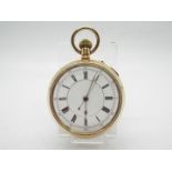 A gold plated, open faced pocket watch with Roman numerals and centre seconds, 5.5 cm case diameter.