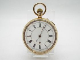 A gold plated, open faced pocket watch with Roman numerals and centre seconds, 5.5 cm case diameter.