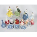A collection of ceramics to include Wedgwood Jasperware, Royal Doulton lady figures and similar,