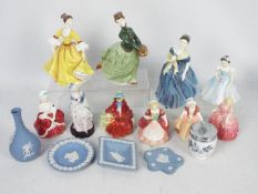A collection of ceramics to include Wedgwood Jasperware, Royal Doulton lady figures and similar,