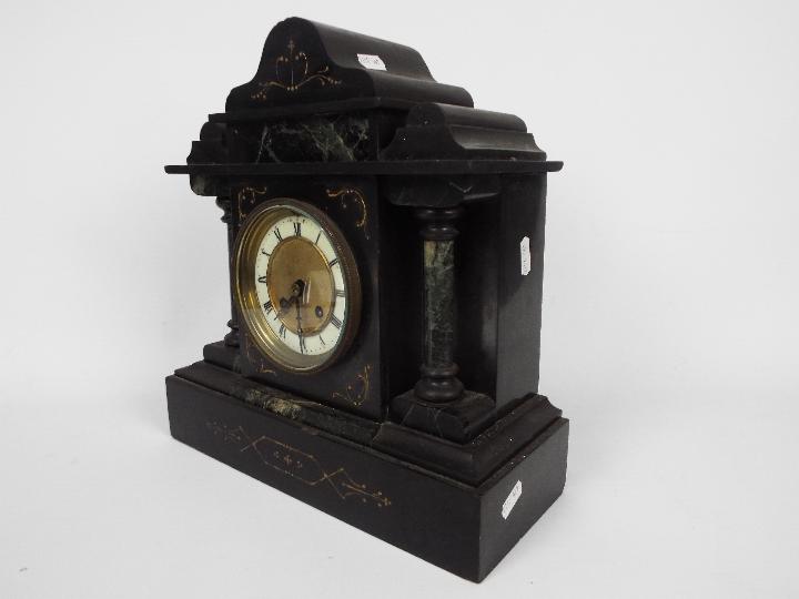 A black slate and green marble mantel clock of architectural form, - Image 3 of 5
