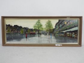A framed oil on board depicting a London street scene, signed lower left,