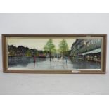 A framed oil on board depicting a London street scene, signed lower left,