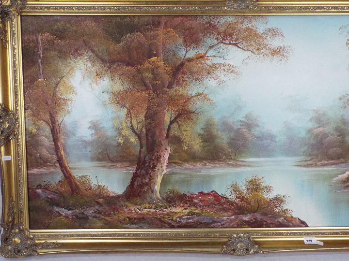 A large framed oil on canvas lakeside landscape scene, signed lower left I Cafieri, - Image 2 of 7