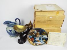 Lot to include kitchen scales and weights, ironstone jug and boxed collector plates.