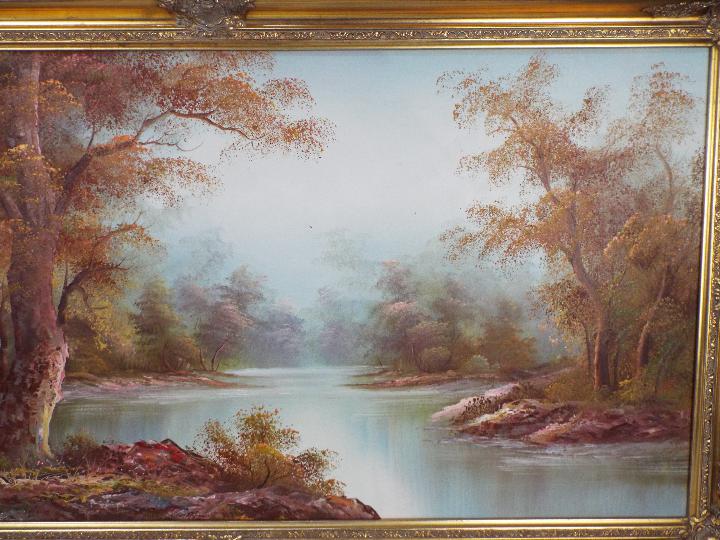 A large framed oil on canvas lakeside landscape scene, signed lower left I Cafieri, - Image 3 of 7