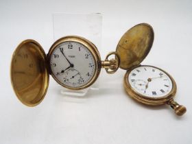 Two gold plated full hunter pocket watches, one marked to the dial Bateman St Helens.