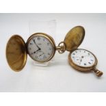 Two gold plated full hunter pocket watches, one marked to the dial Bateman St Helens.