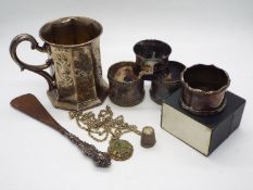 Lot to include a Victorian silver tankard, Sheffield assay 1849, a silver napkin ring,