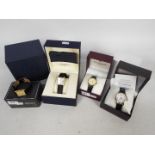 Four boxed wrist watches to include an 18k gold plated Raymond Weil, Seiko, Rotary and similar.