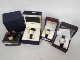 Four boxed wrist watches to include an 18k gold plated Raymond Weil, Seiko, Rotary and similar.