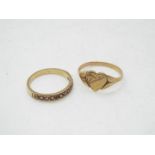 A 9ct gold heart ring, size M and a yellow metal half eternity ring, size K, stamped 9ct,
