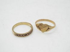 A 9ct gold heart ring, size M and a yellow metal half eternity ring, size K, stamped 9ct,
