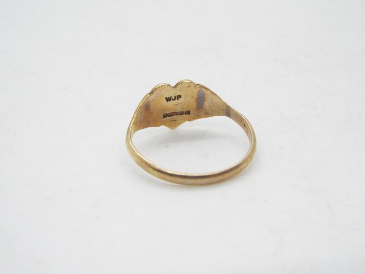 A 9ct gold heart ring, size M and a yellow metal half eternity ring, size K, stamped 9ct, - Image 4 of 4