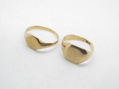 Two gentleman's 9ct gold rings (both misshapen and hallmarks rubbed), approximate size R, 6.
