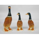 Three Beswick mallard duck studies, largest approximately 13.5 cm (h).