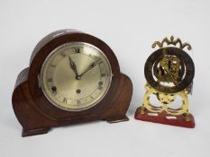 An oak cased mantel clock and a brass sk