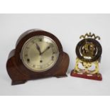 An oak cased mantel clock and a brass sk