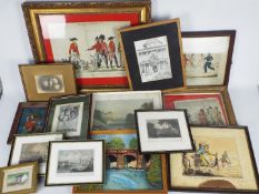 A collection of framed engravings, pictures, sketches and similar, varying image sizes.