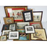 A collection of framed engravings, pictures, sketches and similar, varying image sizes.