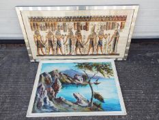 Two large framed pictures comprising an Egyptian style example and an oil on canvas landscape scene,