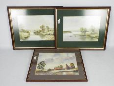 Three watercolour landscape scenes, rural settings, each signed by the artist AWH,