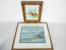 A framed oil on board depicting two ducks, signed lower left C Price,
