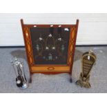Lot to include two fire screens, one a vintage brass peacock example and a fireside companion.