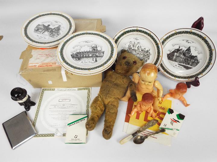 A mixed lot to include vintage dolls and a bear, small quantity of ceramics and plated ware,