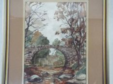 Tom Johnstone, watercolour depicting a bridge crossing a stream, signed lower right,