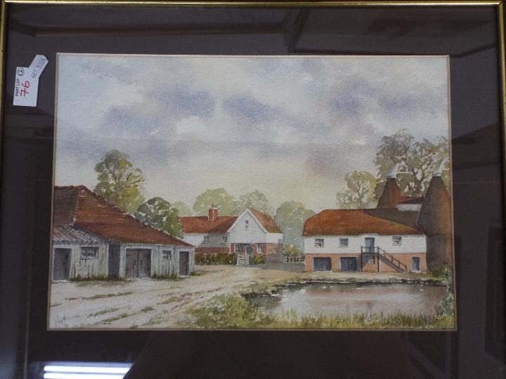 Two watercolours, one a farm scene and another architectural study, mounted and framed under glass, - Image 2 of 4