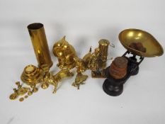 Lot to include kitchen scales and weights, various brass ware comprising ornaments,