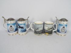 Dambusters related ceramics to include three steins by Davenport and two tankards by Royal Doulton.