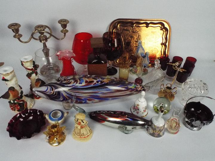 A mixed lot to include Murano style fish and other glassware, ceramics, plated ware,