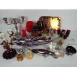 A mixed lot to include Murano style fish and other glassware, ceramics, plated ware,