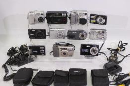 Photography - A box of various cameras to include Nikon, Sony, Vivitar, Fujifilm and similar.