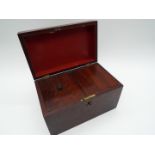 A Victorian mahogany tea chest with fitted interior, one internal lid lacking its handle, approx 14.