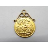 Gold Coin - Edward VII, half sovereign, 1910, with yellow metal pendant mount, approximately 4.