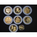 A set of eight collectible Superbowl coins / medallions struck by Liberty mint in the USA.