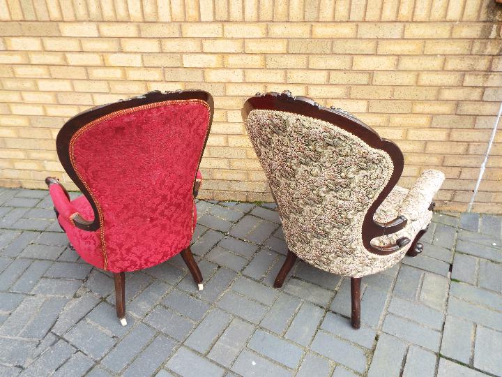 Two mahogany framed, upholstered armchairs with carved decoration. - Image 8 of 8