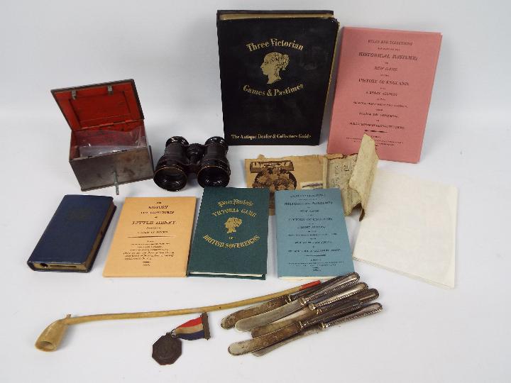 Mixed collectables to include savings bank, opera glasses, silver handled butter knives and similar.