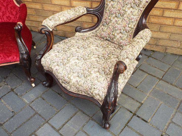 Two mahogany framed, upholstered armchairs with carved decoration. - Image 6 of 8