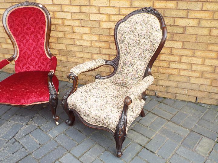 Two mahogany framed, upholstered armchairs with carved decoration. - Image 5 of 8