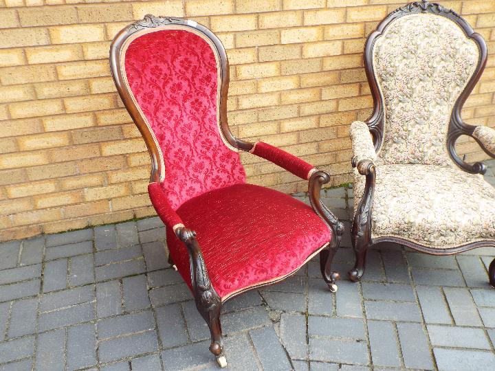 Two mahogany framed, upholstered armchairs with carved decoration. - Image 2 of 8