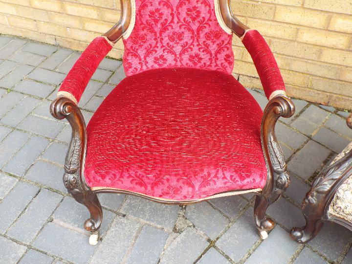 Two mahogany framed, upholstered armchairs with carved decoration. - Image 3 of 8